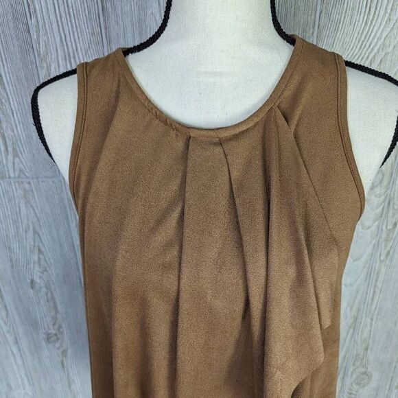 Tyche Women’s Medium Brown Sleeveless Asymmetrical Boho Blouse Top Stretch - Picture 3 of 8